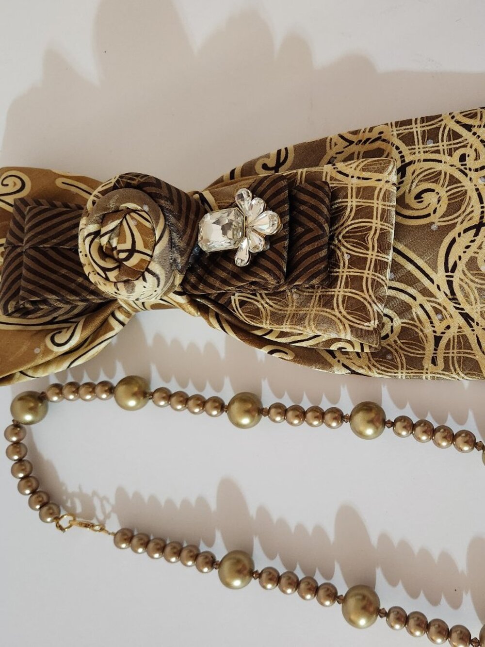 Hand Crafted Necktie Necklace with Rhinestone Accents Brown Beige Pearl Necklace - Picture 4 of 8
